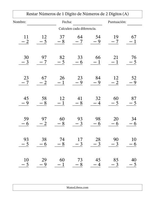 La hoja de ejercicios de Restar números de 1 dígito de números de 2 dígitos, con acarreo en algunas preguntas (49 preguntas) (A)