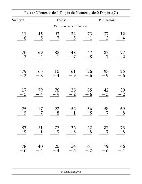 La hoja de ejercicios de Restar números de 1 dígito de números de 2 dígitos, con acarreo en algunas preguntas (49 preguntas) (C)