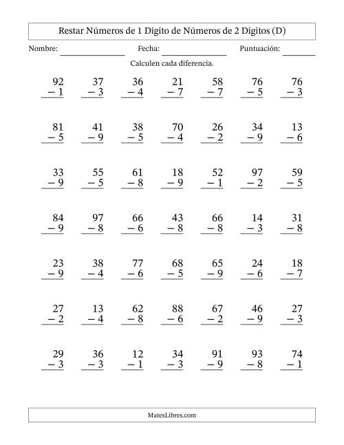 La hoja de ejercicios de Restar números de 1 dígito de números de 2 dígitos, con acarreo en algunas preguntas (49 preguntas) (D)