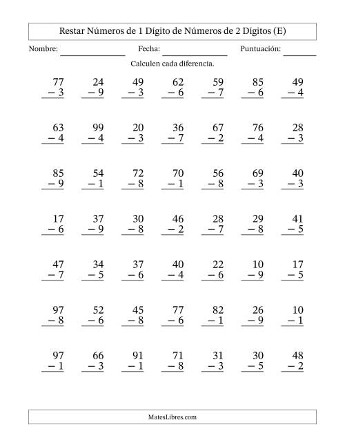 La hoja de ejercicios de Restar números de 1 dígito de números de 2 dígitos, con acarreo en algunas preguntas (49 preguntas) (E)