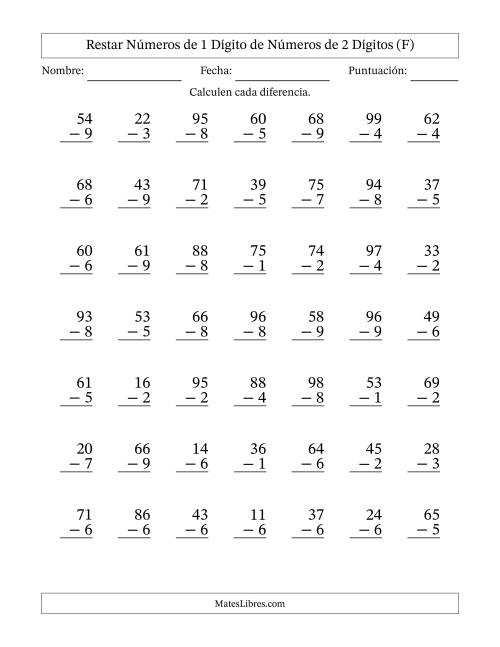 La hoja de ejercicios de Restar números de 1 dígito de números de 2 dígitos, con acarreo en algunas preguntas (49 preguntas) (F)