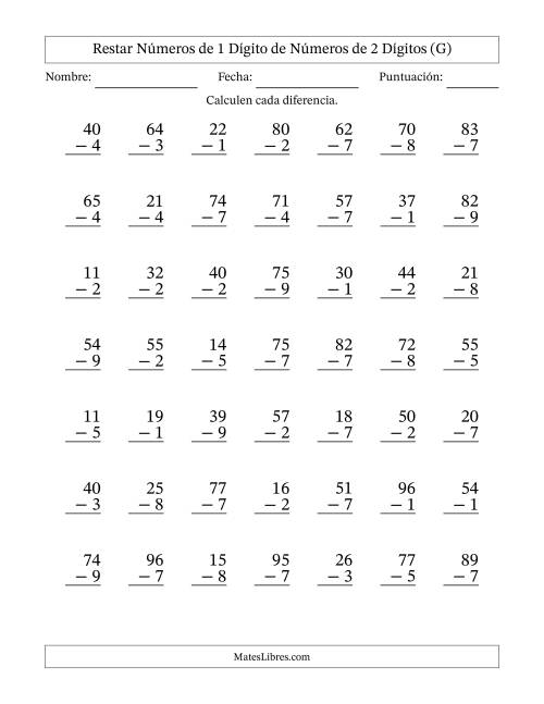 La hoja de ejercicios de Restar números de 1 dígito de números de 2 dígitos, con acarreo en algunas preguntas (49 preguntas) (G)