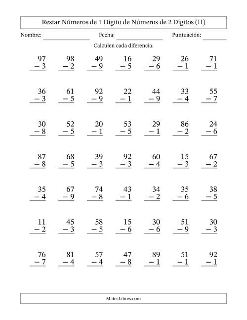 La hoja de ejercicios de Restar números de 1 dígito de números de 2 dígitos, con acarreo en algunas preguntas (49 preguntas) (H)