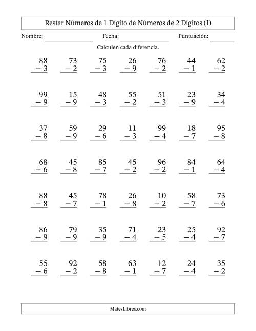 La hoja de ejercicios de Restar números de 1 dígito de números de 2 dígitos, con acarreo en algunas preguntas (49 preguntas) (I)
