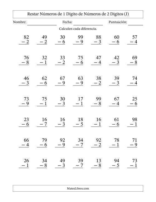La hoja de ejercicios de Restar números de 1 dígito de números de 2 dígitos, con acarreo en algunas preguntas (49 preguntas) (J)