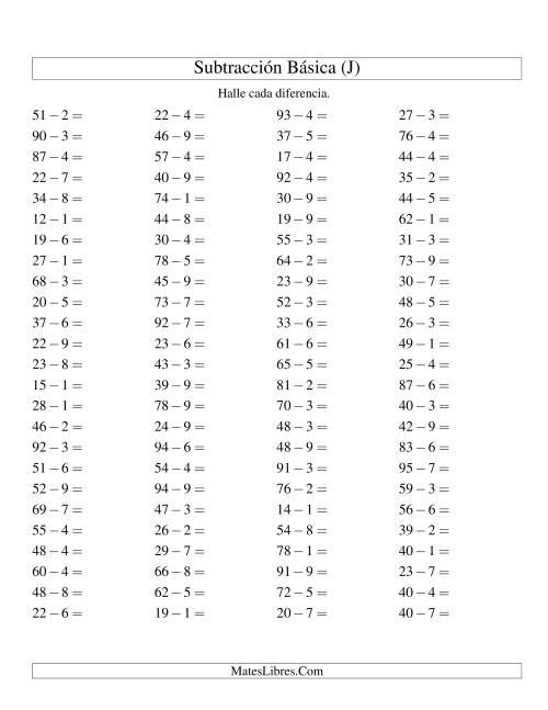 La hoja de ejercicios de Resta Horizontal de Dos Dígitos Menos Un Dígito (J)