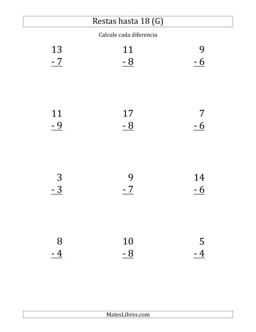 La hoja de ejercicios de 12 Restas Verticales con Minuendos de 0 a 18 (G)