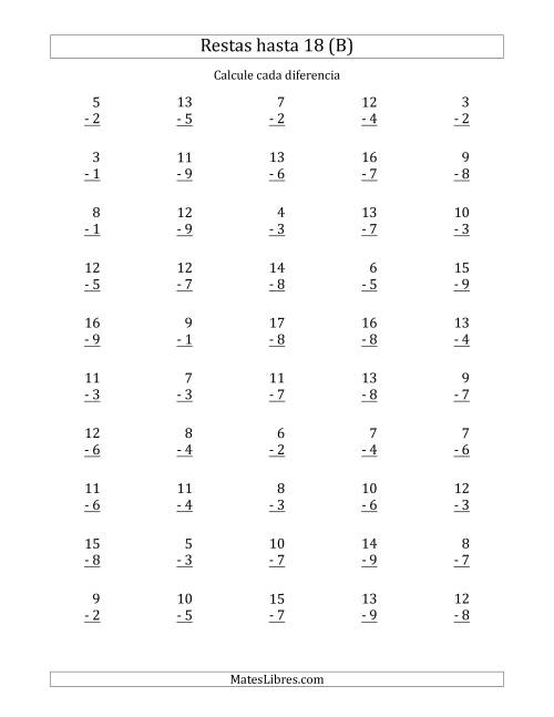 La hoja de ejercicios de 50 Restas Verticales con Minuendos de 2 a 18 (B)