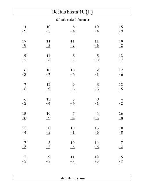 La hoja de ejercicios de 50 Restas Verticales con Minuendos de 2 a 18 (H)