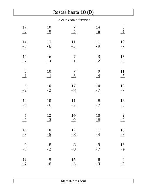 La hoja de ejercicios de 50 Restas Verticales con Minuendos de 0 a 18 (D)