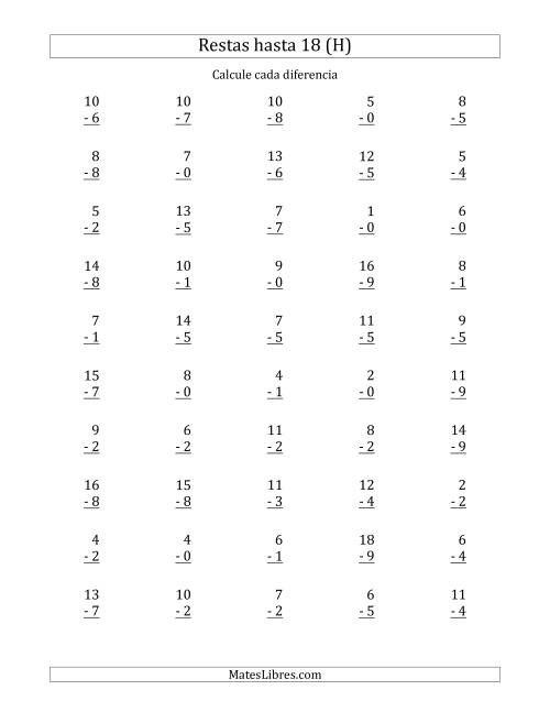 La hoja de ejercicios de 50 Restas Verticales con Minuendos de 0 a 18 (H)