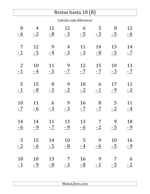 La hoja de ejercicios de 64 Restas Verticales con Minuendos de 2 a 18 (B)