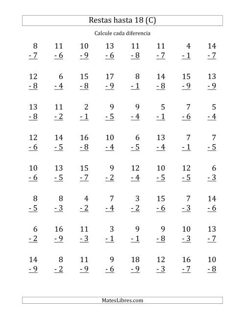 La hoja de ejercicios de 64 Restas Verticales con Minuendos de 2 a 18 (C)