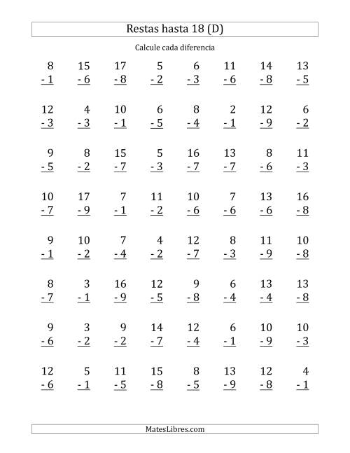 La hoja de ejercicios de 64 Restas Verticales con Minuendos de 2 a 18 (D)