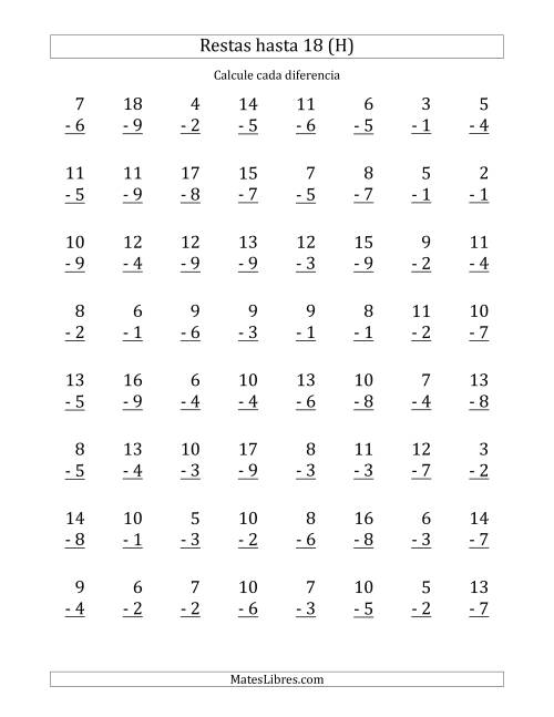 La hoja de ejercicios de 64 Restas Verticales con Minuendos de 2 a 18 (H)