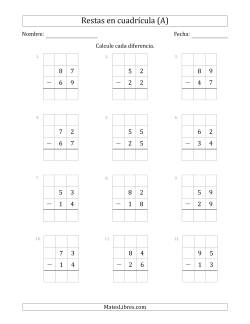 Restar números de 2 dígitos, de números de 2 dígitos, con ayuda de una cuadrícula