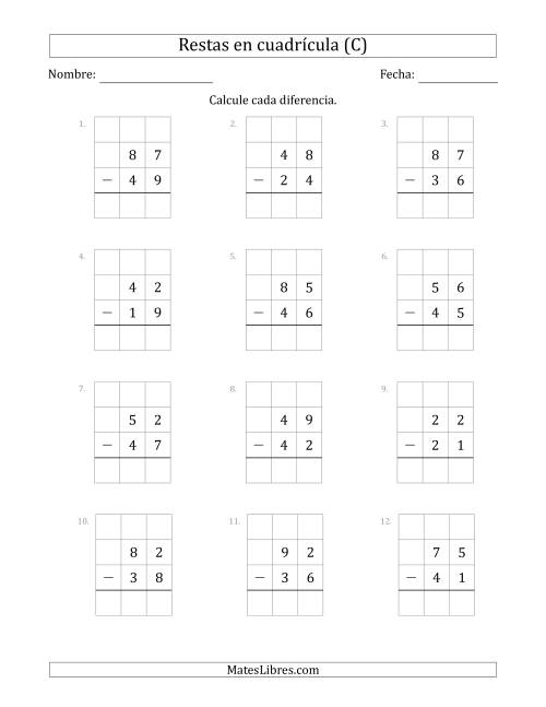 La hoja de ejercicios de Restar números de 2 dígitos, de números de 2 dígitos, con ayuda de una cuadrícula (C)