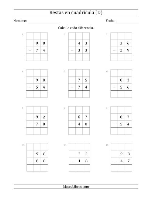 La hoja de ejercicios de Restar números de 2 dígitos, de números de 2 dígitos, con ayuda de una cuadrícula (D)