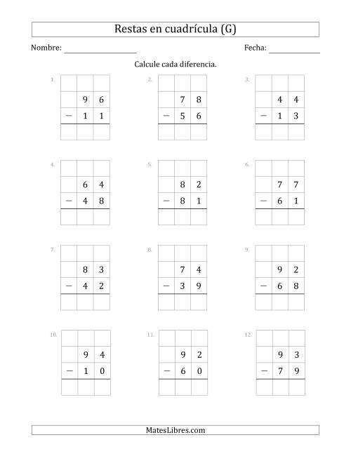La hoja de ejercicios de Restar números de 2 dígitos, de números de 2 dígitos, con ayuda de una cuadrícula (G)