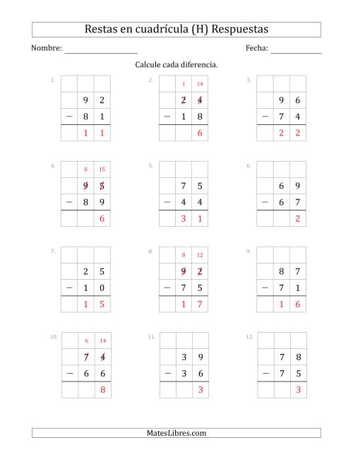 La hoja de ejercicios de Restar números de 2 dígitos, de números de 2 dígitos, con ayuda de una cuadrícula (H) Página 2