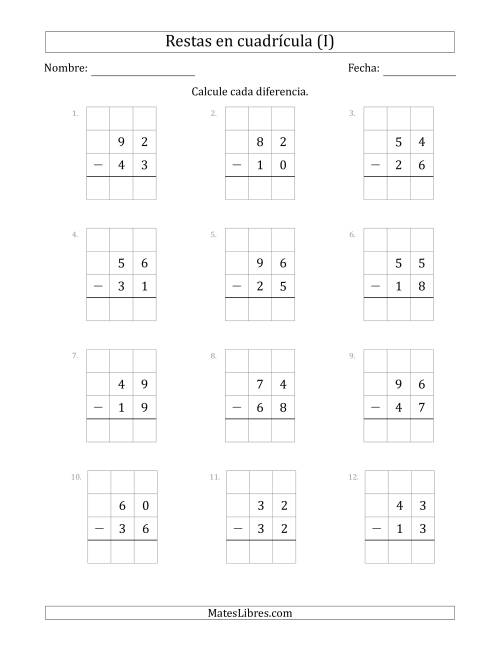 La hoja de ejercicios de Restar números de 2 dígitos, de números de 2 dígitos, con ayuda de una cuadrícula (I)