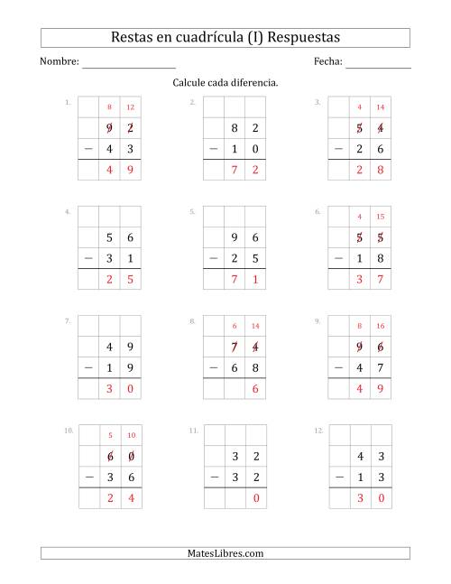 La hoja de ejercicios de Restar números de 2 dígitos, de números de 2 dígitos, con ayuda de una cuadrícula (I) Página 2
