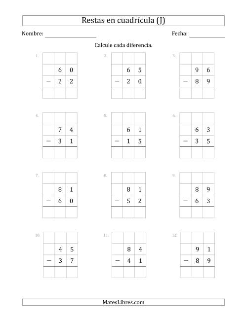 La hoja de ejercicios de Restar números de 2 dígitos, de números de 2 dígitos, con ayuda de una cuadrícula (J)