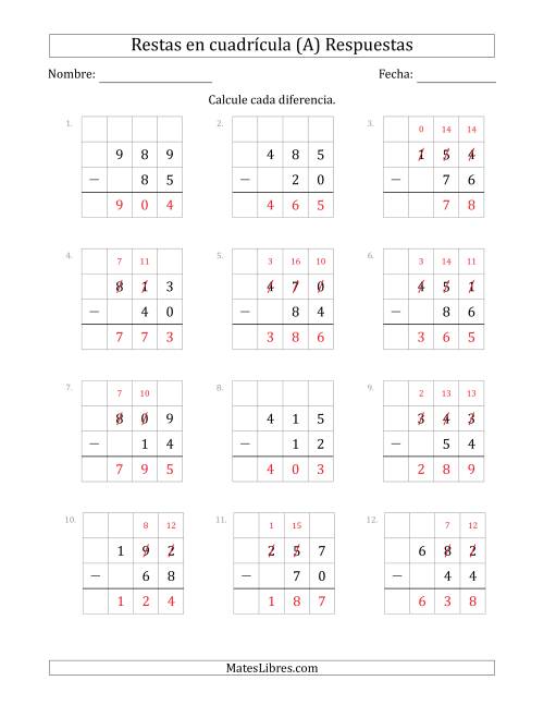 La hoja de ejercicios de Restar números de 2 dígitos, de números de 3 dígitos, con ayuda de una cuadrícula (A) Página 2