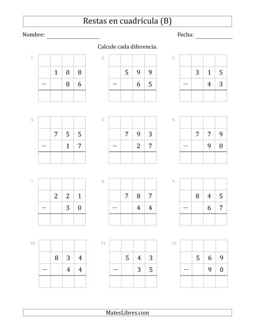 La hoja de ejercicios de Restar números de 2 dígitos, de números de 3 dígitos, con ayuda de una cuadrícula (B)