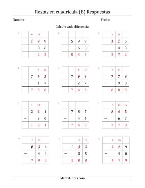 La hoja de ejercicios de Restar números de 2 dígitos, de números de 3 dígitos, con ayuda de una cuadrícula (B) Página 2