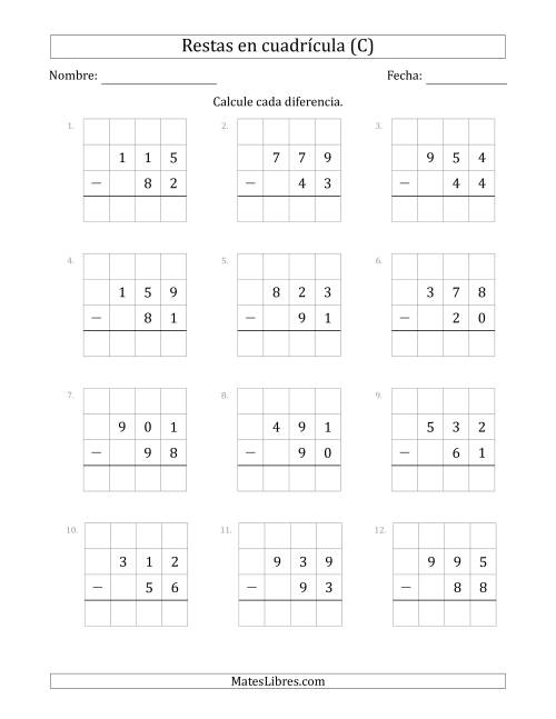 La hoja de ejercicios de Restar números de 2 dígitos, de números de 3 dígitos, con ayuda de una cuadrícula (C)