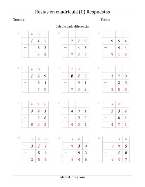 La hoja de ejercicios de Restar números de 2 dígitos, de números de 3 dígitos, con ayuda de una cuadrícula (C) Página 2