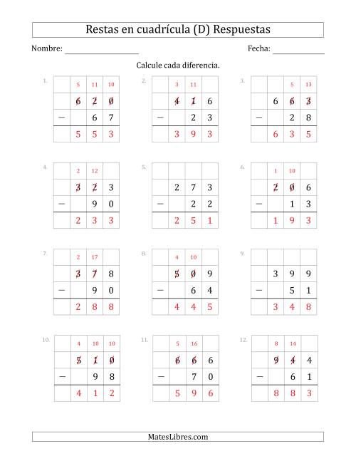 La hoja de ejercicios de Restar números de 2 dígitos, de números de 3 dígitos, con ayuda de una cuadrícula (D) Página 2