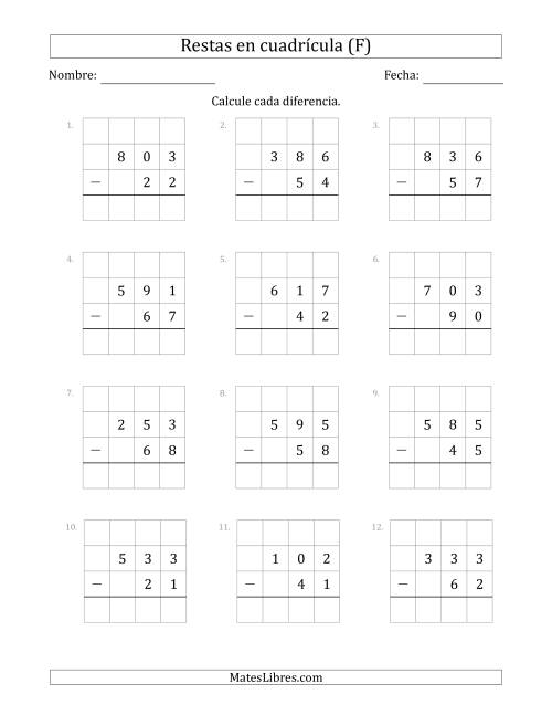 La hoja de ejercicios de Restar números de 2 dígitos, de números de 3 dígitos, con ayuda de una cuadrícula (F)