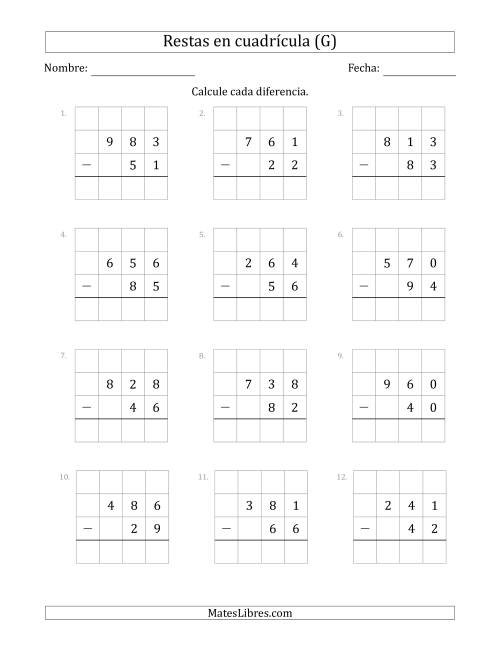 La hoja de ejercicios de Restar números de 2 dígitos, de números de 3 dígitos, con ayuda de una cuadrícula (G)