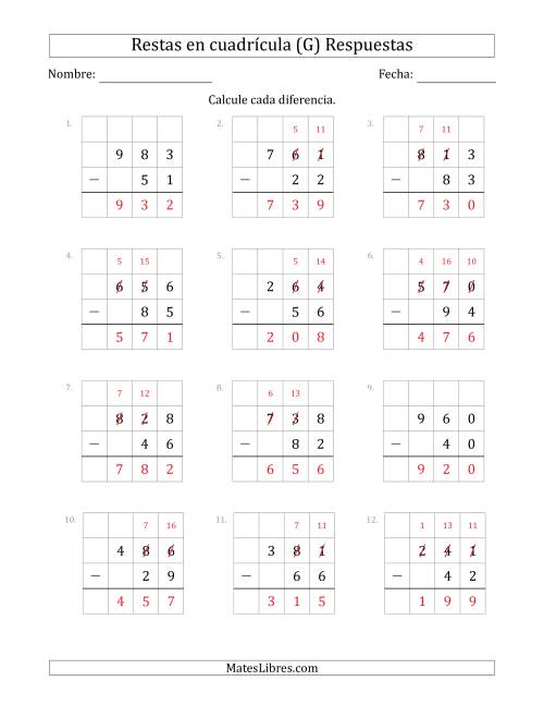 La hoja de ejercicios de Restar números de 2 dígitos, de números de 3 dígitos, con ayuda de una cuadrícula (G) Página 2