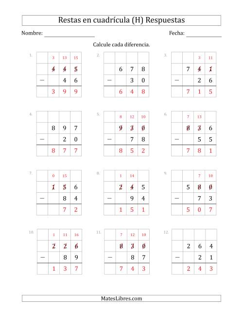 La hoja de ejercicios de Restar números de 2 dígitos, de números de 3 dígitos, con ayuda de una cuadrícula (H) Página 2
