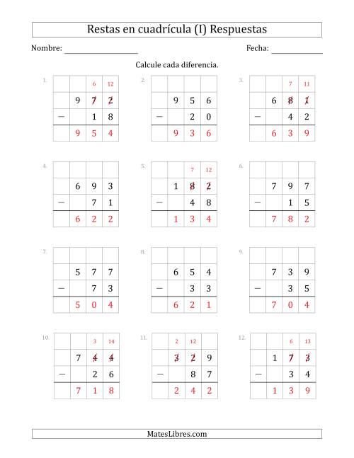 La hoja de ejercicios de Restar números de 2 dígitos, de números de 3 dígitos, con ayuda de una cuadrícula (I) Página 2