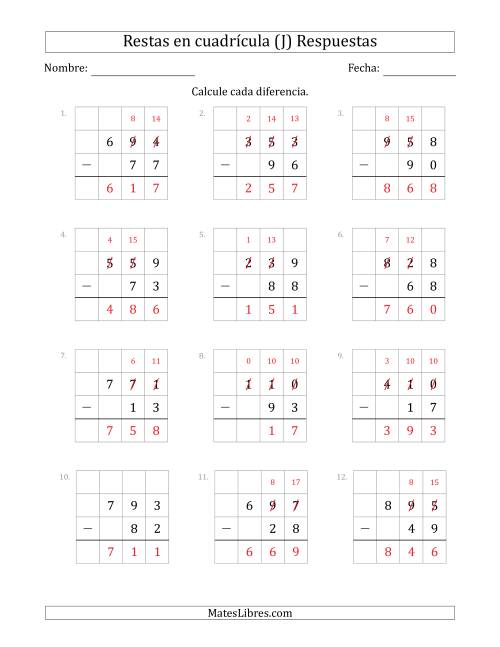 La hoja de ejercicios de Restar números de 2 dígitos, de números de 3 dígitos, con ayuda de una cuadrícula (J) Página 2