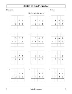 Restar números de 3 dígitos, de números de 3 dígitos, con ayuda de una cuadrícula