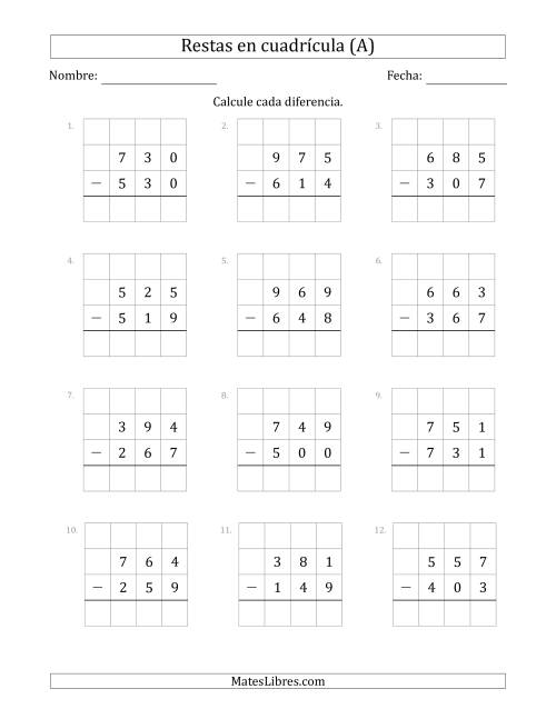 La hoja de ejercicios de Restar números de 3 dígitos, de números de 3 dígitos, con ayuda de una cuadrícula (A)