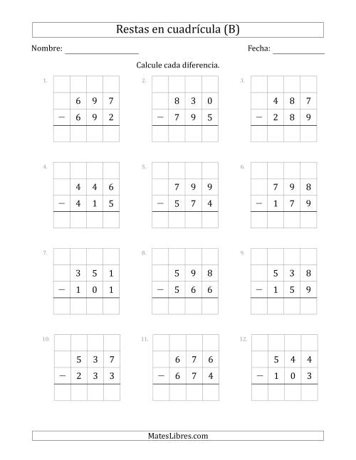 La hoja de ejercicios de Restar números de 3 dígitos, de números de 3 dígitos, con ayuda de una cuadrícula (B)