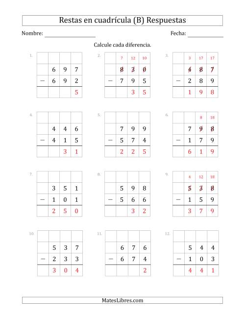 La hoja de ejercicios de Restar números de 3 dígitos, de números de 3 dígitos, con ayuda de una cuadrícula (B) Página 2
