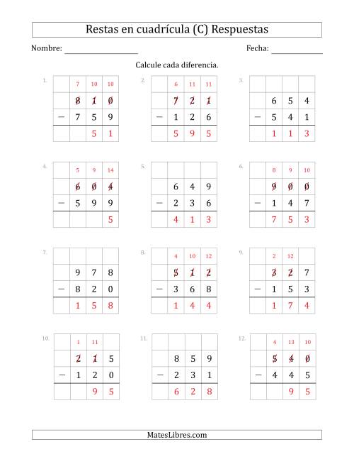 La hoja de ejercicios de Restar números de 3 dígitos, de números de 3 dígitos, con ayuda de una cuadrícula (C) Página 2
