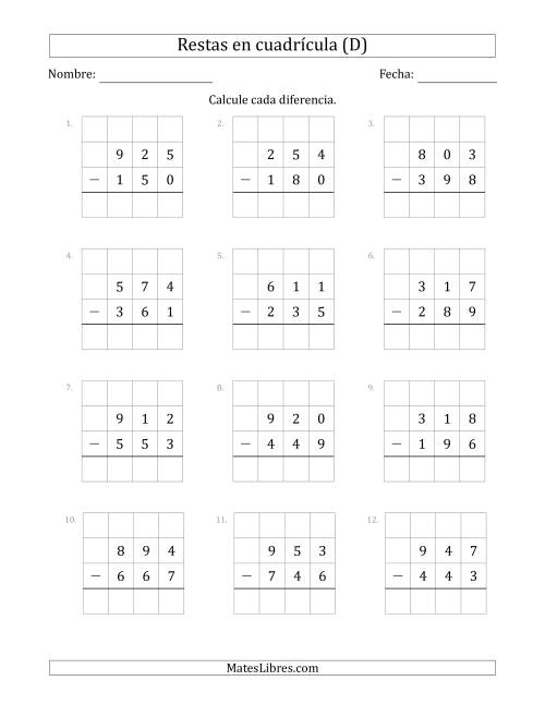 La hoja de ejercicios de Restar números de 3 dígitos, de números de 3 dígitos, con ayuda de una cuadrícula (D)