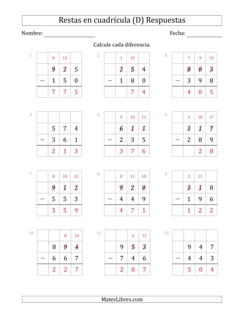 La hoja de ejercicios de Restar números de 3 dígitos, de números de 3 dígitos, con ayuda de una cuadrícula (D) Página 2
