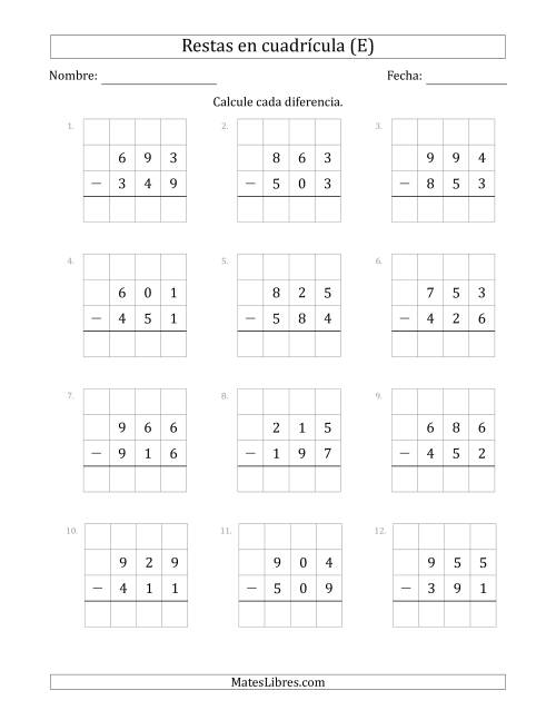 La hoja de ejercicios de Restar números de 3 dígitos, de números de 3 dígitos, con ayuda de una cuadrícula (E)
