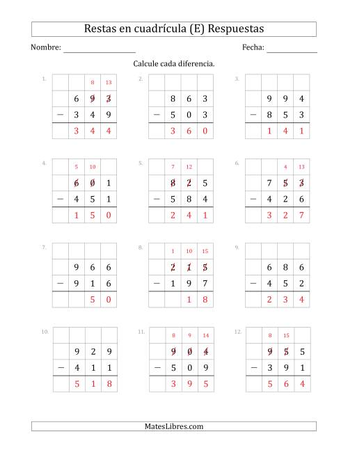 La hoja de ejercicios de Restar números de 3 dígitos, de números de 3 dígitos, con ayuda de una cuadrícula (E) Página 2
