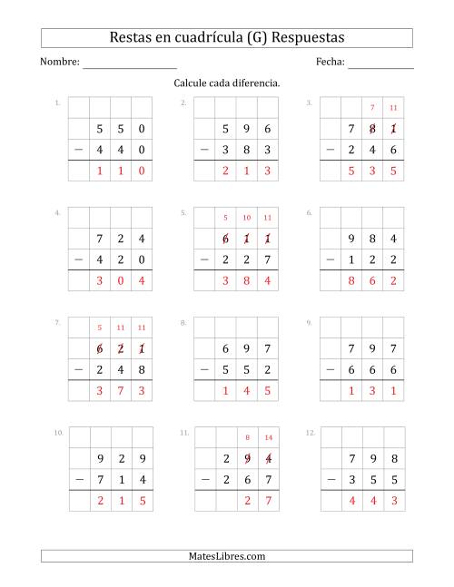 La hoja de ejercicios de Restar números de 3 dígitos, de números de 3 dígitos, con ayuda de una cuadrícula (G) Página 2
