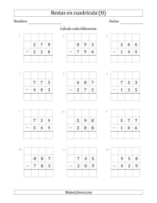 La hoja de ejercicios de Restar números de 3 dígitos, de números de 3 dígitos, con ayuda de una cuadrícula (H)